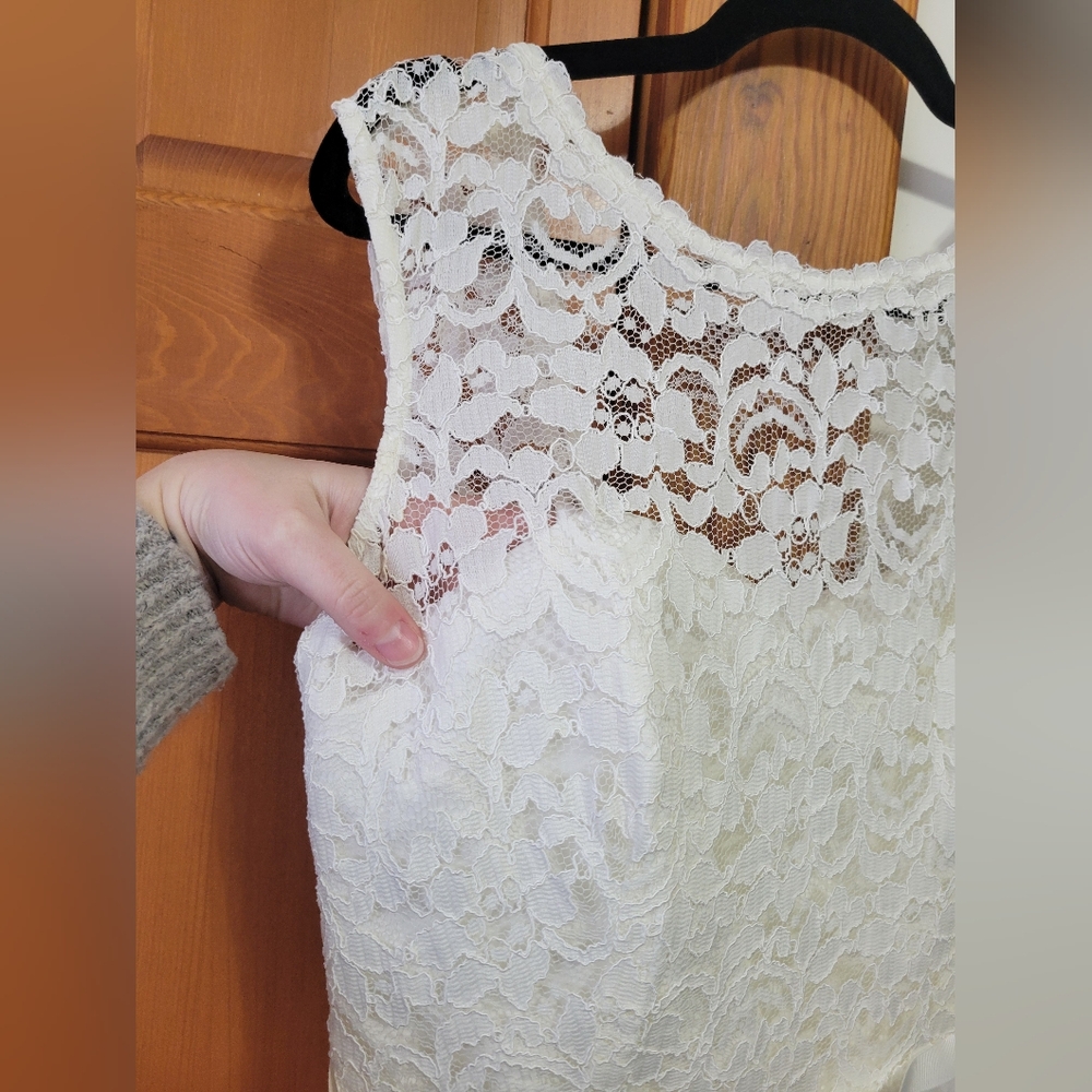 Davids Bridal Elegant Ivory White Lace & Chiffon Sleeveless Dress W/ Slit 14 - Picture 3 of 14